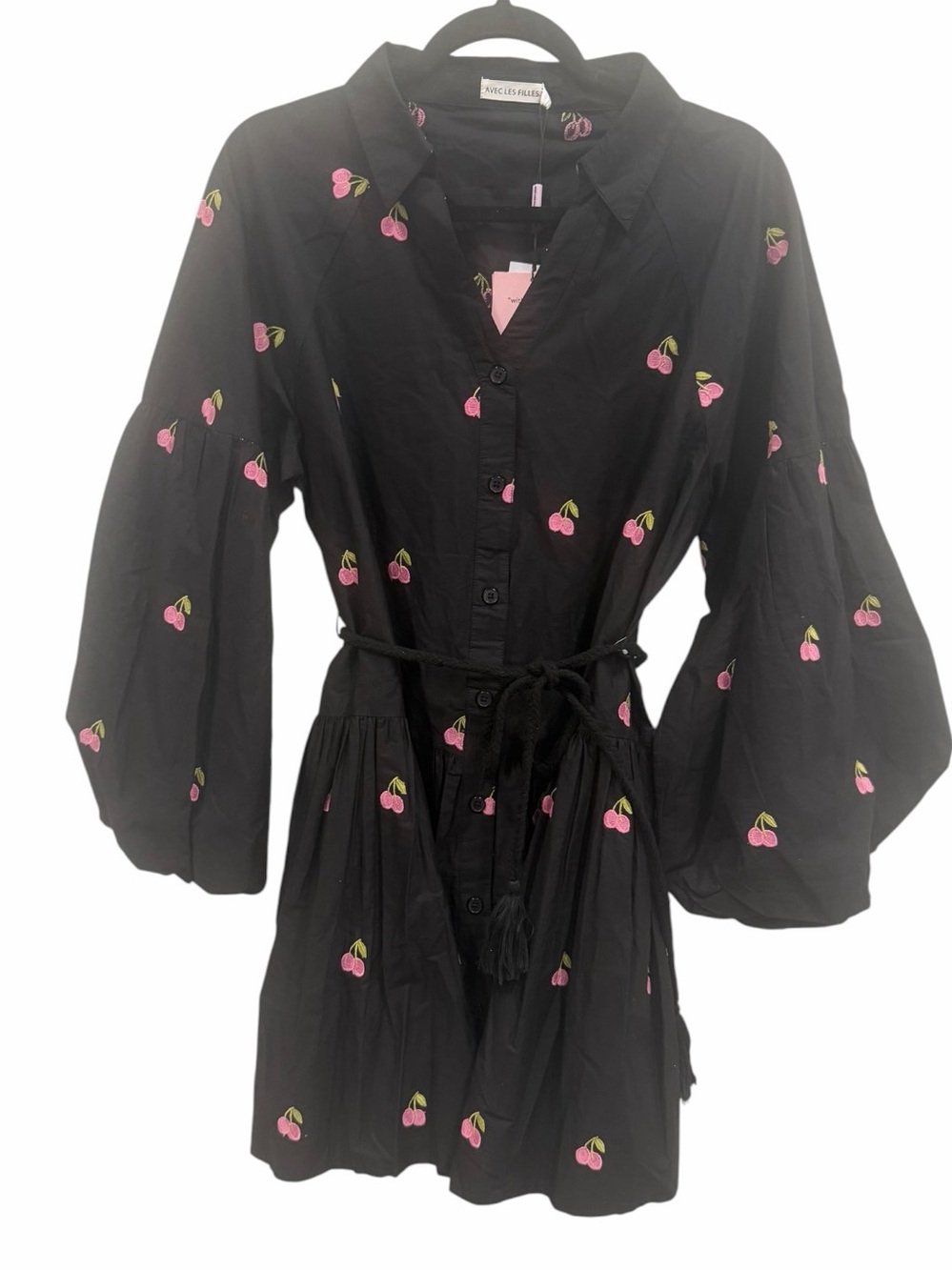 Avec Les Filles Cherry Embroidered Mini Shirt Dress Size 8 NWT Black Cotton - Picture 7 of 9